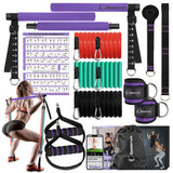 Portable Pilates Bar and Resistance Band Set with Handles. Multipurpose Home Gym with Door Anchor and Extension Belt Supports Full-Body Workouts - with Fitness Poster and Video